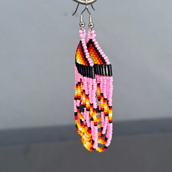 Tribal Earrings Seed Bead Handmade Multicolor Native American Boho Dangle 3” USA - Picture 5 of 15